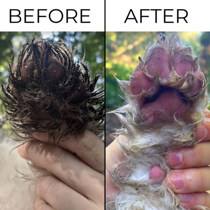 Paw Buddy paw Cleaner before and after using on muddy dog paws